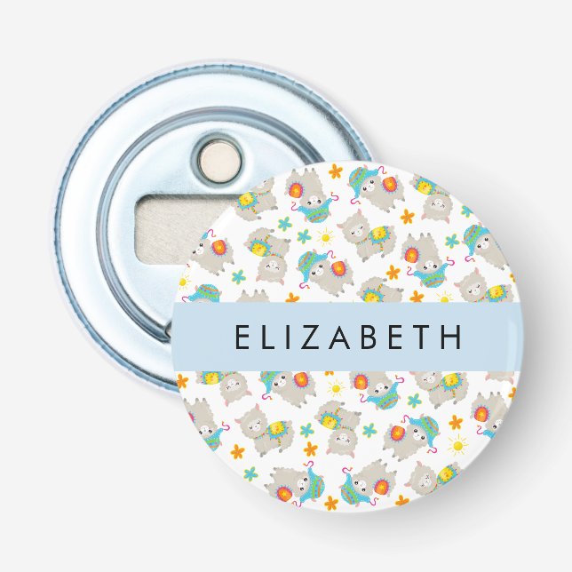 Pattern Of Llamas, Alpacas, Flowers, Your Name Bottle Opener (Front)