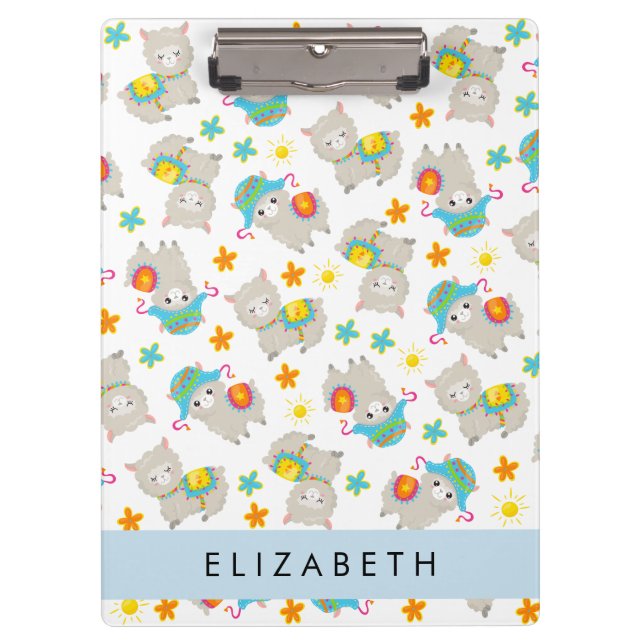 Pattern Of Llamas, Alpacas, Flowers, Your Name Clipboard (Front)