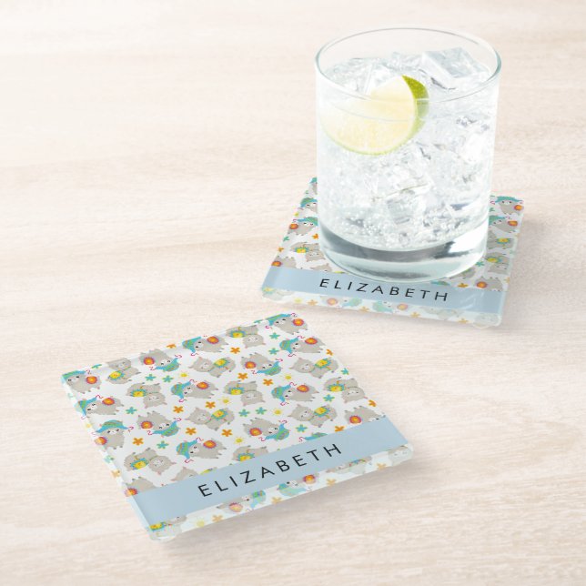 Pattern Of Llamas, Alpacas, Flowers, Your Name Glass Coaster (Angled)