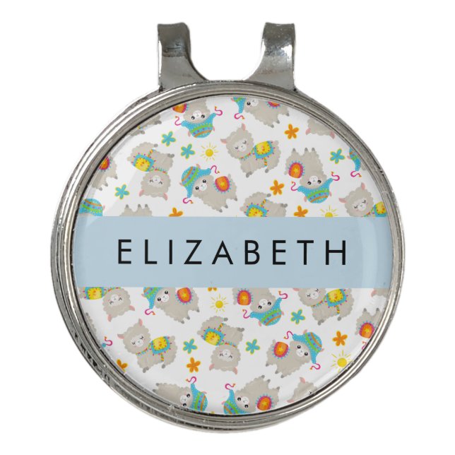 Pattern Of Llamas, Alpacas, Flowers, Your Name Golf Hat Clip (Front)