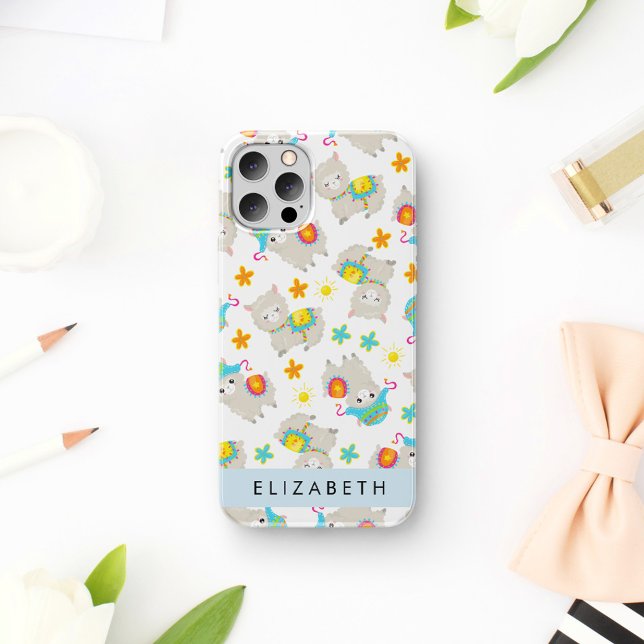 Pattern Of Llamas, Alpacas, Flowers, Your Name iPhone Case (Creator Uploaded)