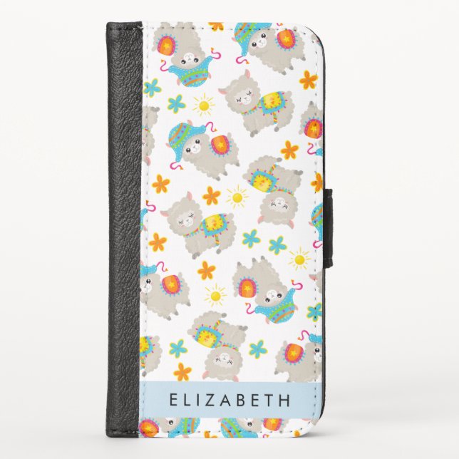 Pattern Of Llamas, Alpacas, Flowers, Your Name iPhone Wallet Case (Front)