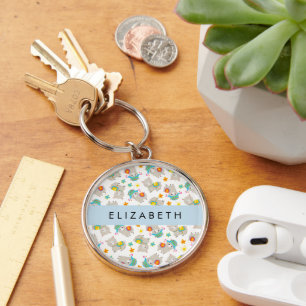 Pattern Of Llamas, Alpacas, Flowers, Your Name Keychain