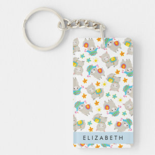 Pattern Of Llamas, Alpacas, Flowers, Your Name Keychain