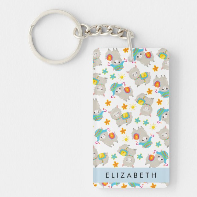Pattern Of Llamas, Alpacas, Flowers, Your Name Keychain (Front)