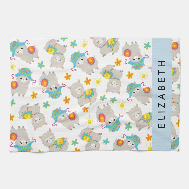 Pattern Of Llamas, Alpacas, Flowers, Your Name Kitchen Towel (Horizontal)