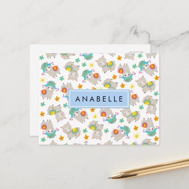 Pattern Of Llamas, Alpacas, Flowers, Your Name Postcard (Front/Back In Situ)