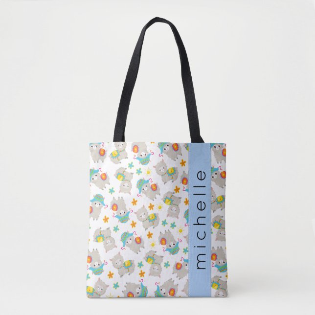 Pattern Of Llamas, Alpacas, Flowers, Your Name Tote Bag (Front)
