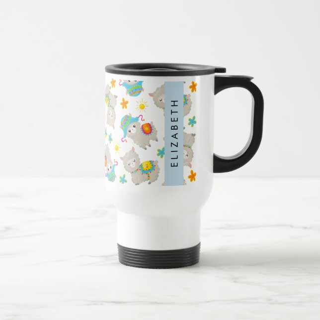 Pattern Of Llamas, Alpacas, Flowers, Your Name Travel Mug (Right)