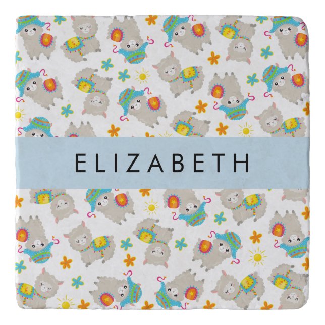 Pattern Of Llamas, Alpacas, Flowers, Your Name Trivet (Front)