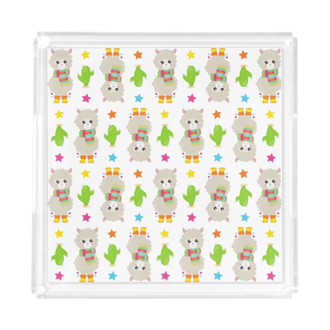 Pattern Of Llamas, Cute Llamas, Alpacas, Cactus Acrylic Tray (Front)