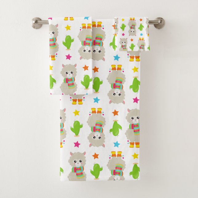 Pattern Of Llamas, Cute Llamas, Alpacas, Cactus Bath Towel Set (Insitu)