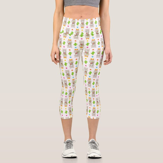 Pattern Of Llamas, Cute Llamas, Alpacas, Cactus Capri Leggings (Front)