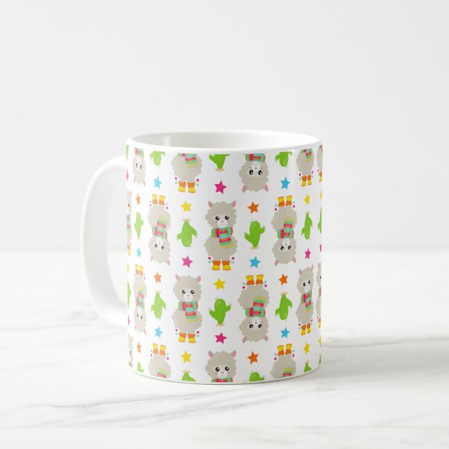 Pattern Of Llamas, Cute Llamas, Alpacas, Cactus Coffee Mug (Front Left)