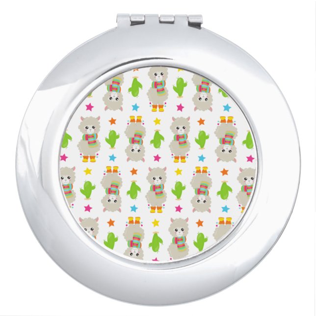 Pattern Of Llamas, Cute Llamas, Alpacas, Cactus Compact Mirror (Front)
