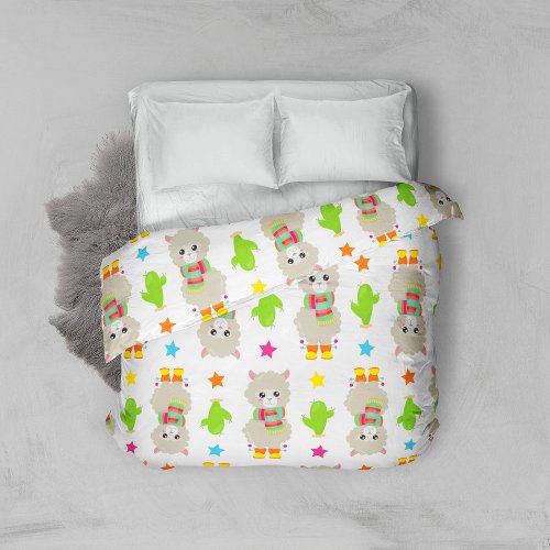 Pattern Of Llamas Cute Llamas Alpacas Cactus Duvet Cover