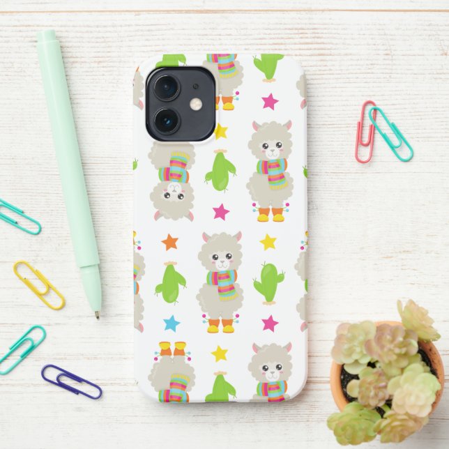 Pattern Of Llamas, Cute Llamas, Alpacas, Cactus iPhone Case (On Desk)
