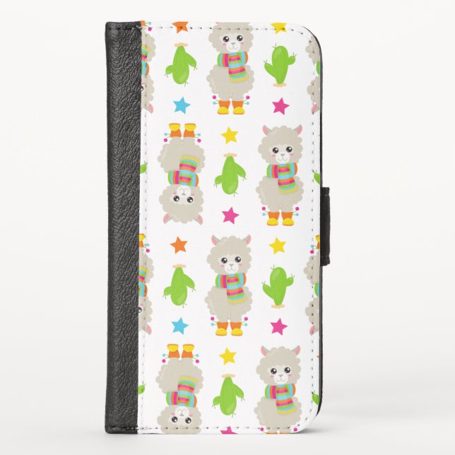 Pattern Of Llamas, Cute Llamas, Alpacas, Cactus iPhone Wallet Case (Front)
