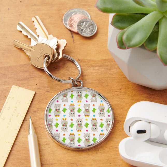 Pattern Of Llamas, Cute Llamas, Alpacas, Cactus Keychain (Desk)