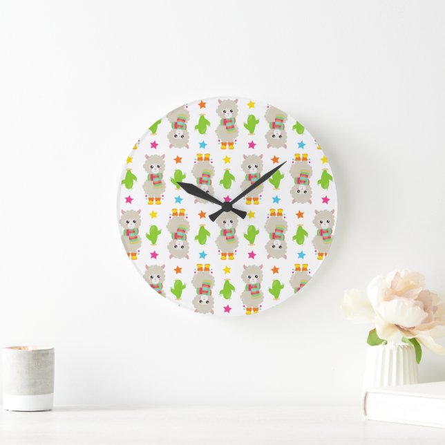 Pattern Of Llamas, Cute Llamas, Alpacas, Cactus Large Clock (Home)