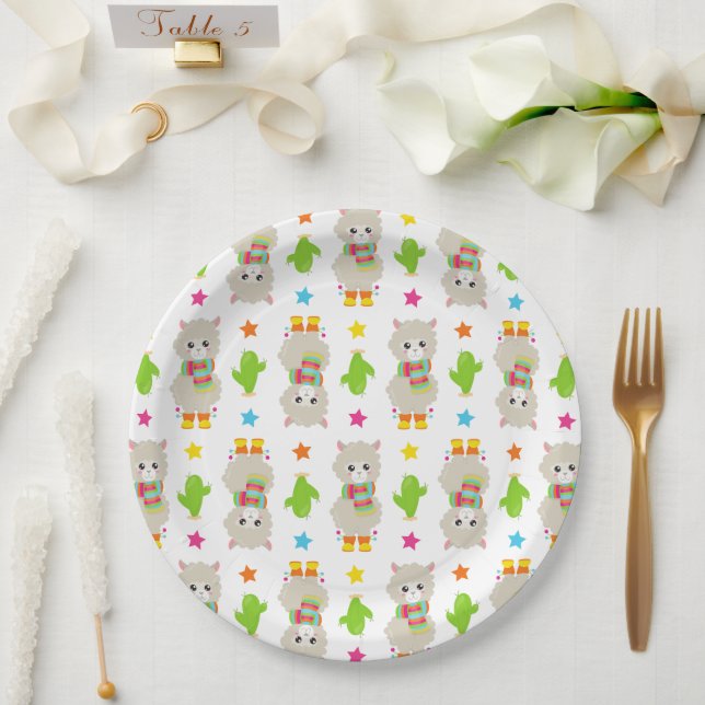 Pattern Of Llamas, Cute Llamas, Alpacas, Cactus Paper Plates (Wedding)