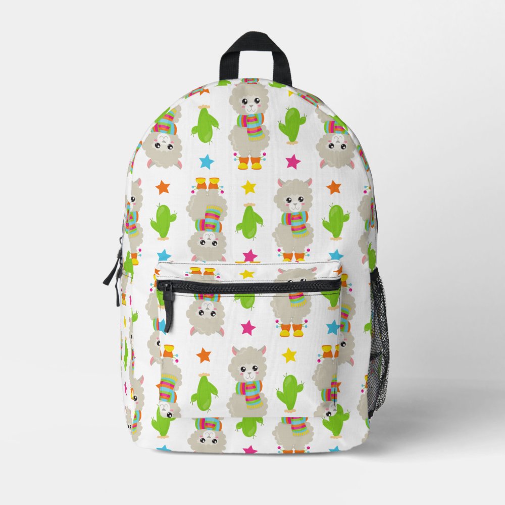 Pattern Of Llamas, Cute Llamas, Alpacas, Cactus Printed Custom Name Backpack