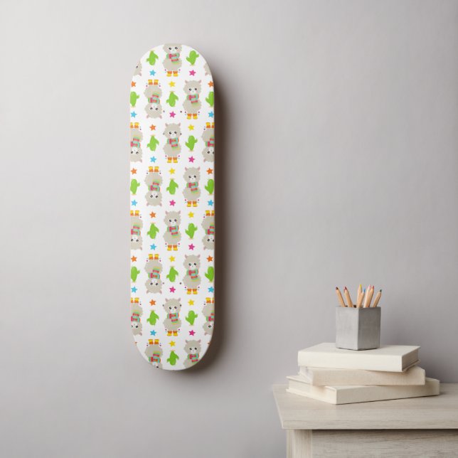 Pattern Of Llamas, Cute Llamas, Alpacas, Cactus Skateboard (Wall Art)