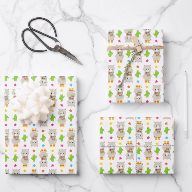 Pattern Of Llamas, Cute Llamas, Alpacas, Cactus Wrapping Paper Sheets (Front)