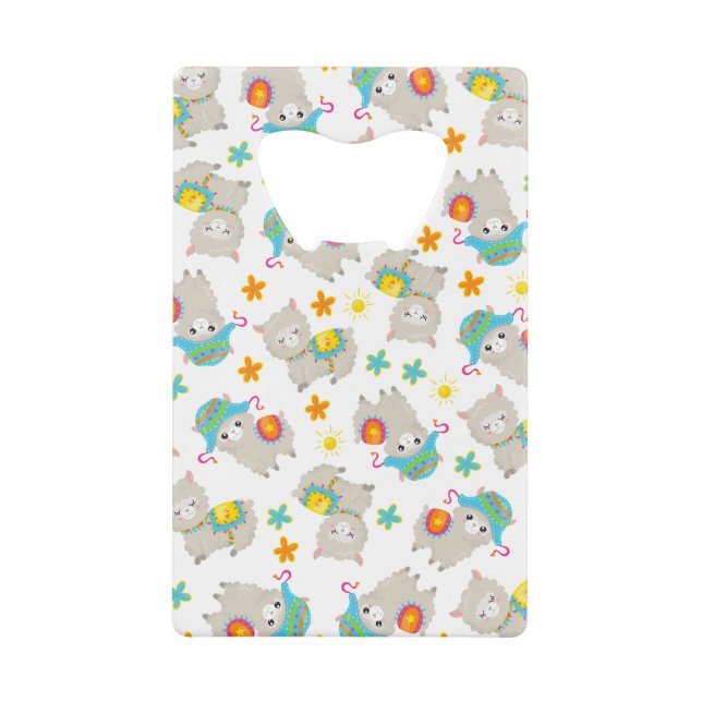 Pattern Of Llamas, Cute Llamas, Alpacas, Flowers Credit Card Bottle Opener (Front)