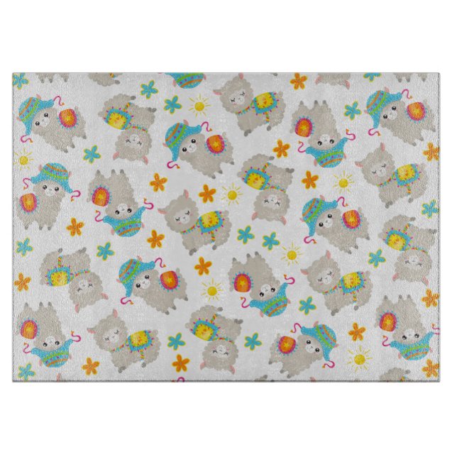 Pattern Of Llamas, Cute Llamas, Alpacas, Flowers Cutting Board (Front)