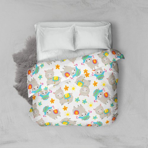 Pattern Of Llamas Cute Llamas Alpacas Flowers Duvet Cover