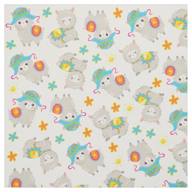 Pattern Of Llamas, Cute Llamas, Alpacas, Flowers Fabric (Swatch)