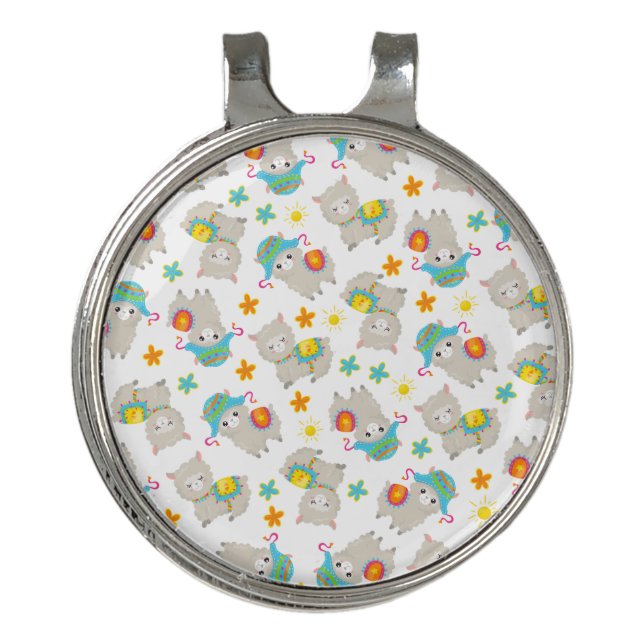 Pattern Of Llamas, Cute Llamas, Alpacas, Flowers Golf Hat Clip (Front)