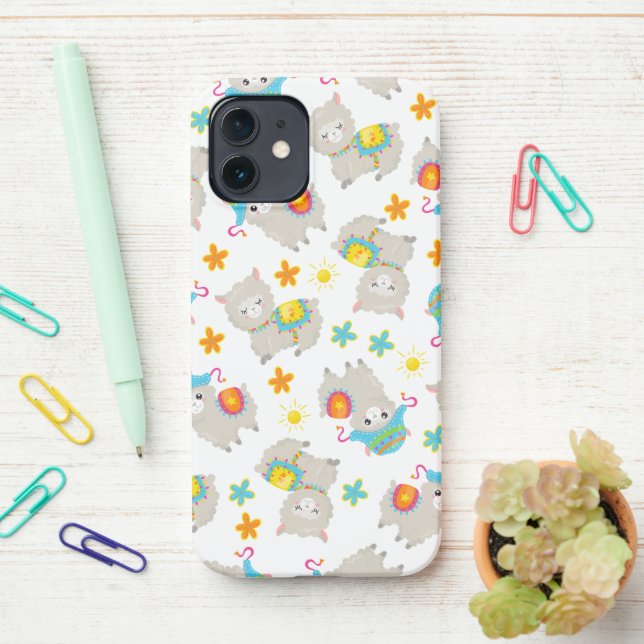 Pattern Of Llamas, Cute Llamas, Alpacas, Flowers iPhone Case (On Desk)
