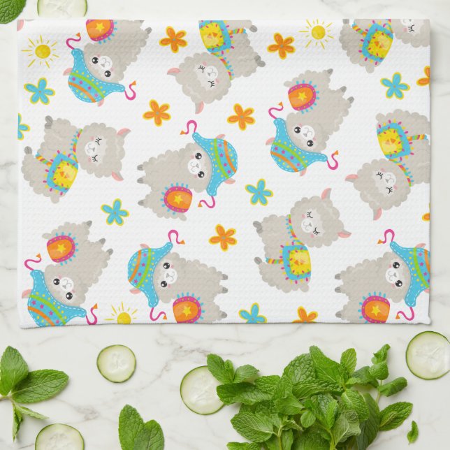 Pattern Of Llamas, Cute Llamas, Alpacas, Flowers Kitchen Towel (Folded)