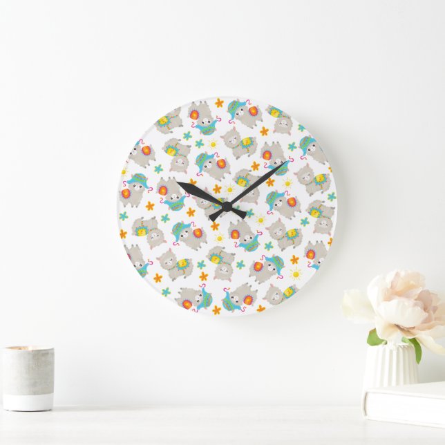 Pattern Of Llamas, Cute Llamas, Alpacas, Flowers Large Clock (Home)