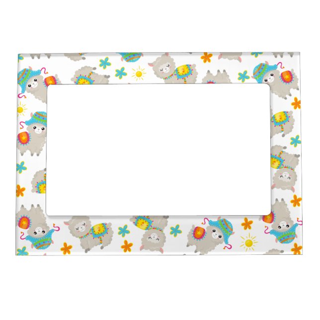 Pattern Of Llamas, Cute Llamas, Alpacas, Flowers Magnetic Frame (Front)
