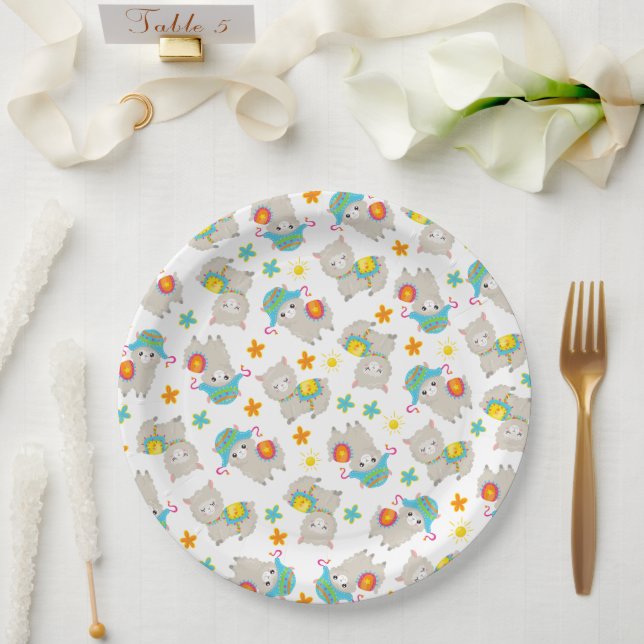 Pattern Of Llamas, Cute Llamas, Alpacas, Flowers Paper Plates (Wedding)