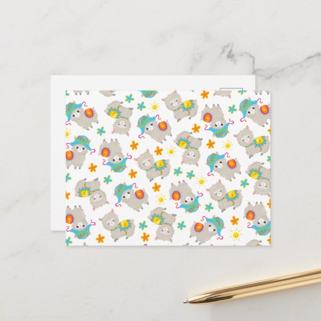 Pattern Of Llamas, Cute Llamas, Alpacas, Flowers Postcard (Front/Back In Situ)