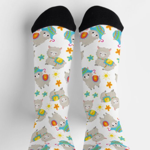 Pattern Of Llamas Cute Llamas Alpacas Flowers Socks