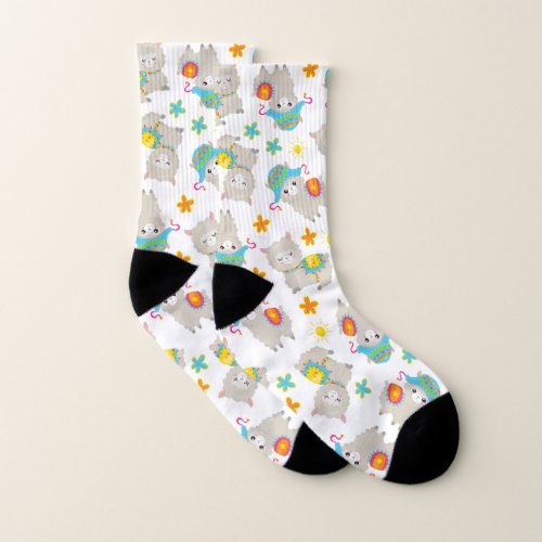 Pattern Of Llamas Cute Llamas Alpacas Flowers Socks