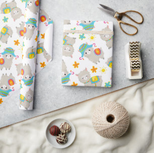 Pattern Of Llamas, Cute Llamas, Alpacas, Flowers Wrapping Paper