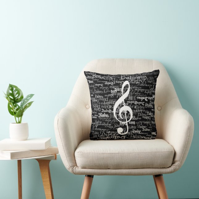 pattern of names & treble clef, on black throw pillow (Chair)