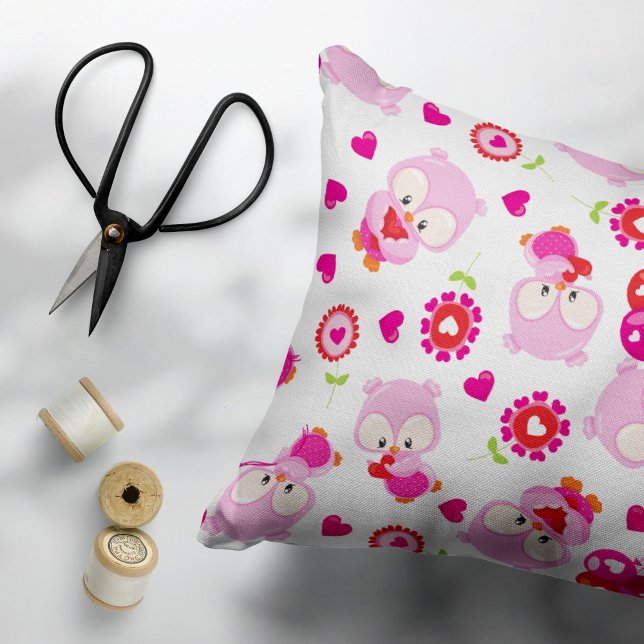 Pattern Of Owls, Cute Owls, Pink Owls, Hearts Accent Pillow (Creator Uploaded)