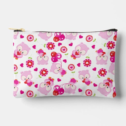 Pattern Of Owls Cute Owls Pink Owls Hearts Accessory Pouch