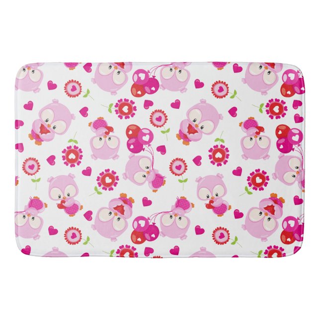 Pattern Of Owls, Cute Owls, Pink Owls, Hearts Bath Mat (Front)