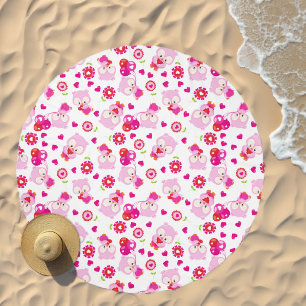 Pattern Of Owls, Cute Owls, Pink Owls, Hearts Beach Towel