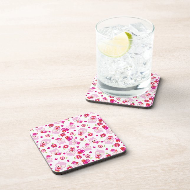 Pattern Of Owls, Cute Owls, Pink Owls, Hearts Beverage Coaster (Right Side)