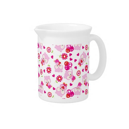 Pattern Of Owls Cute Owls Pink Owls Hearts Beverage Pitcher