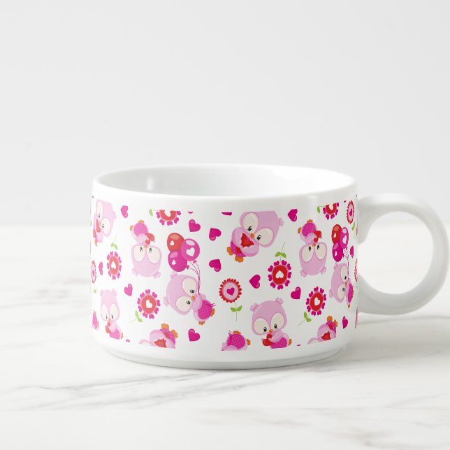 Pattern Of Owls, Cute Owls, Pink Owls, Hearts Bowl (Left)